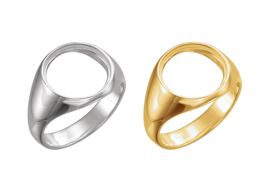 Mens Coin Ring Mounting 10K 14K Yellow White Gold, Platinum and Sterling Silver in 13mm and 13.9mm Coin Size