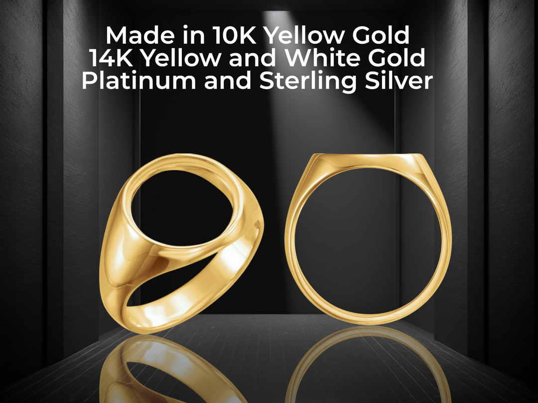 Mens Coin Ring Mounting 10K 14K Yellow White Gold, Platinum and Sterling Silver in 13mm and 13.9mm Coin Size