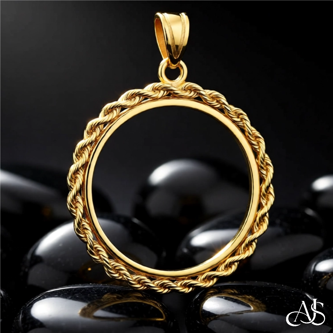 14K Yellow  Gold Coin Bezel Pendant - 2mm Polished Rope Edge Prong Setting for 13mm-39.5mm Coins - Fine Jewelry Holder Necklace Charm