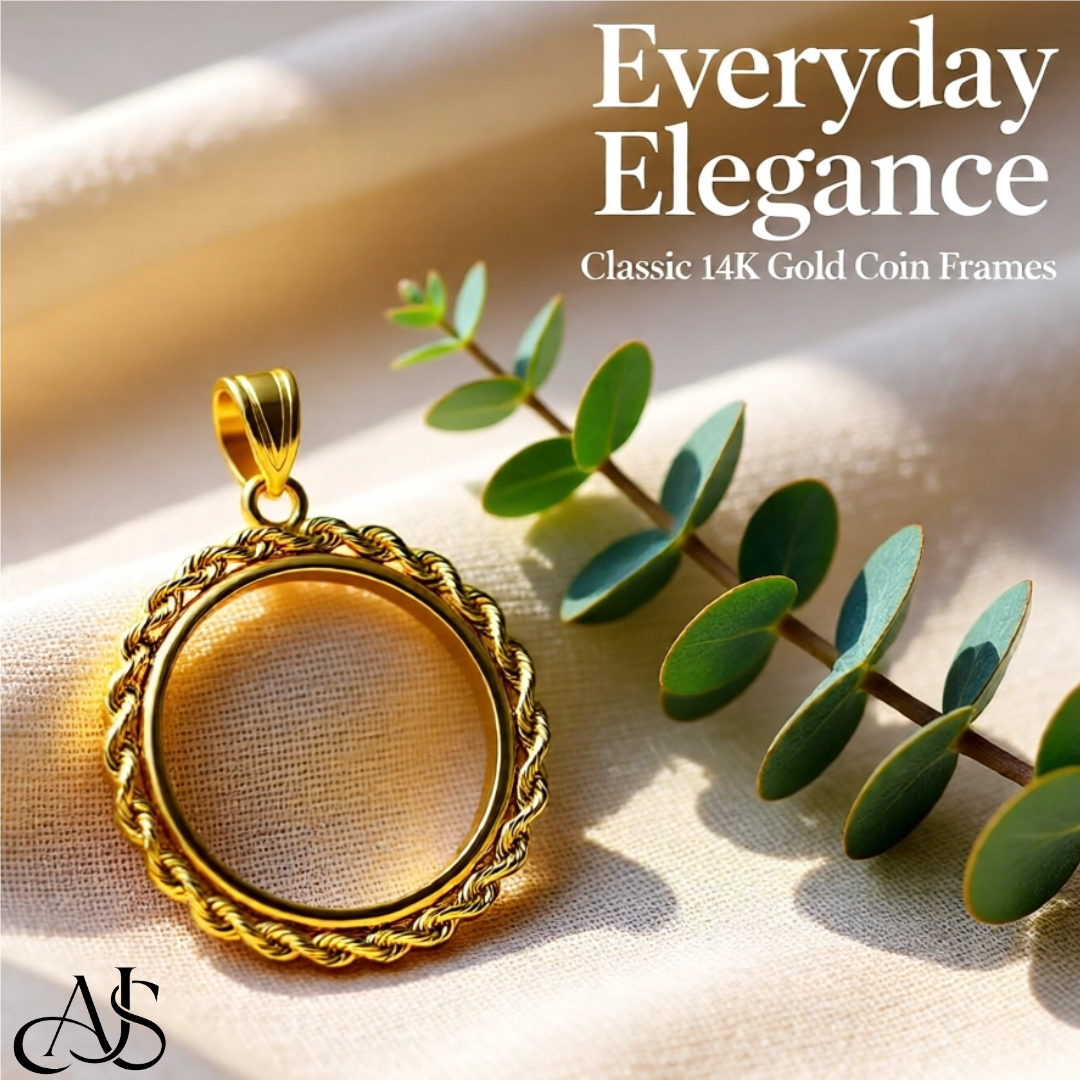 14K Yellow  Gold Coin Bezel Pendant - 2mm Polished Rope Edge Prong Setting for 13mm-39.5mm Coins - Fine Jewelry Holder Necklace Charm