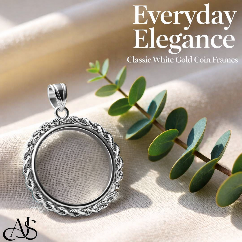 14K White Gold Coin Bezel Pendant - 2mm Polished Rope Edge Prong Setting for 14mm-22mm Coins