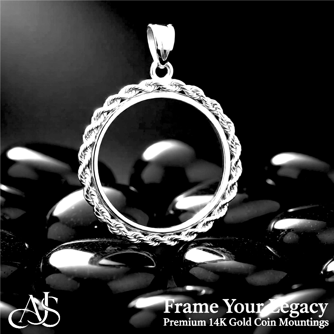 14K White Gold Coin Bezel Pendant - 2mm Polished Rope Edge Prong Setting for 14mm-22mm Coins