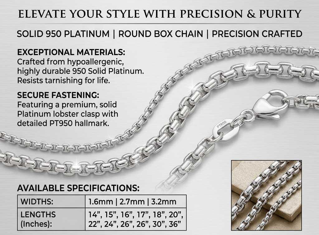 Round Box 950 Platinum Chain Necklace Widths 1.6mm, 2.7mm, and 3.2mm
