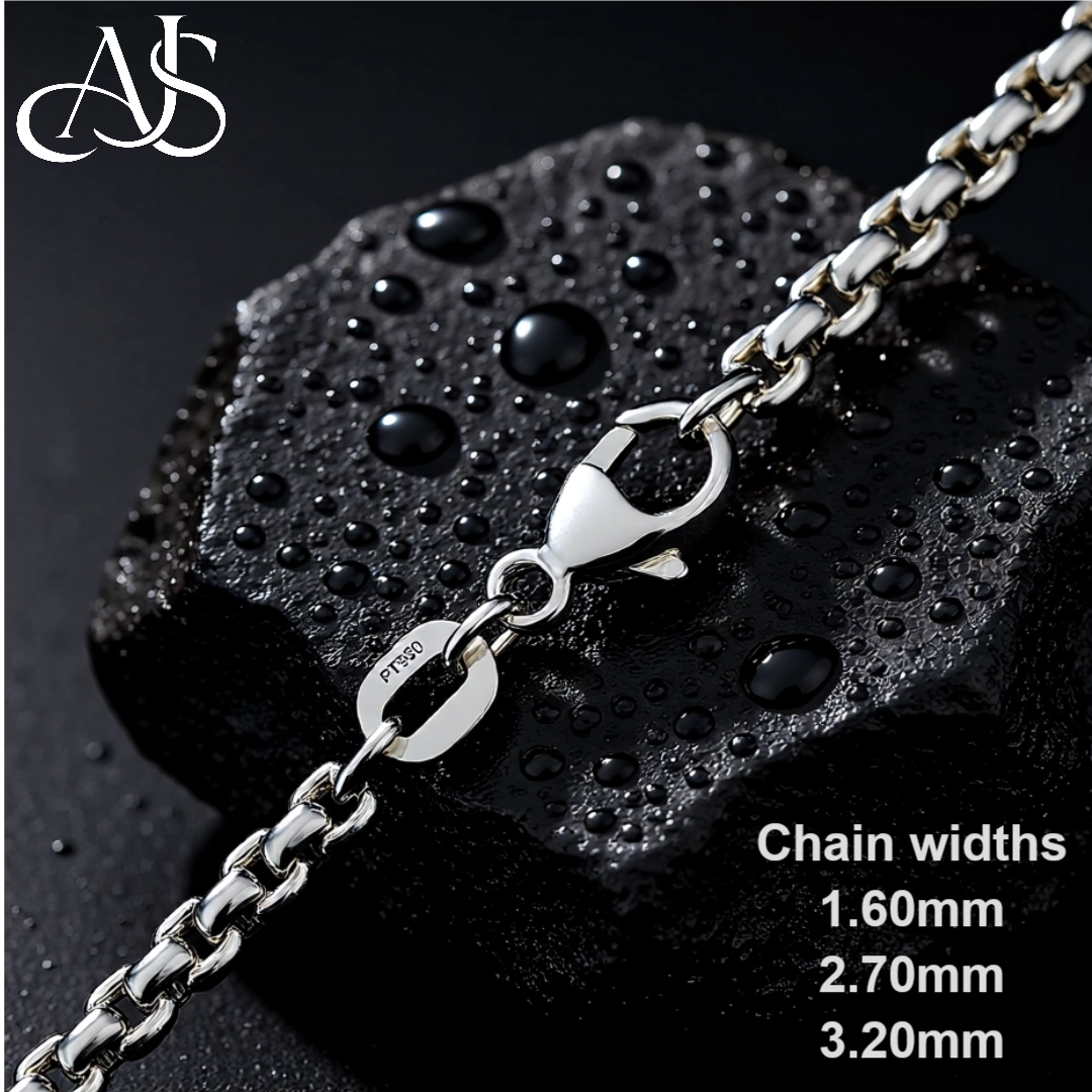 Round Box 950 Platinum Chain Necklace Widths 1.6mm, 2.7mm, and 3.2mm
