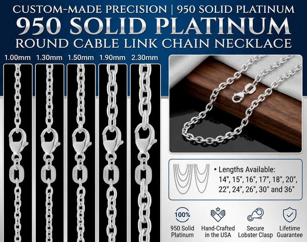 Round Cable Link Solid 950 Platinum Chain Necklace 1mm-2.3mm Widths
