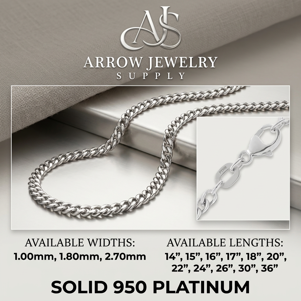 Curb Link 950 Platinum Chain Necklace 1.0mm, 1.80mm, 2.70mm Widths