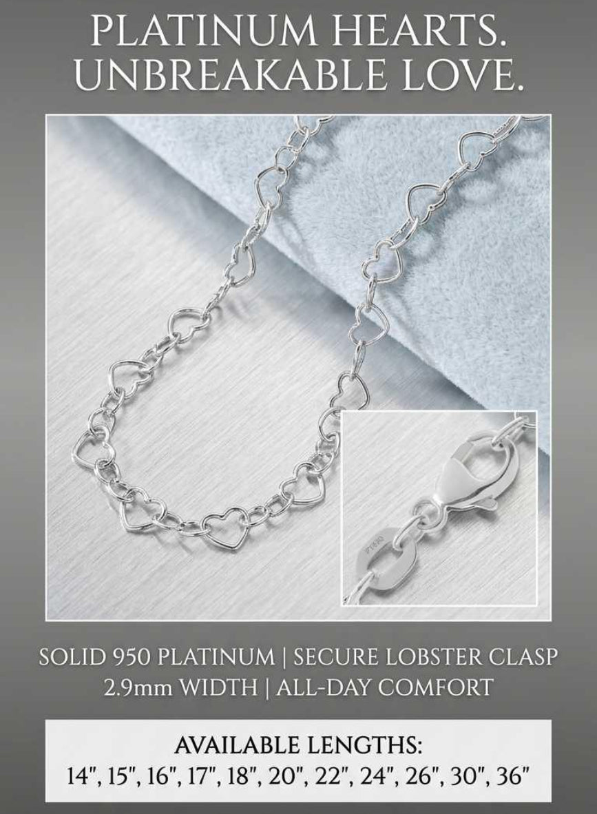 Heart Cable Links 950 Platinum Chain Necklace 2.9mm