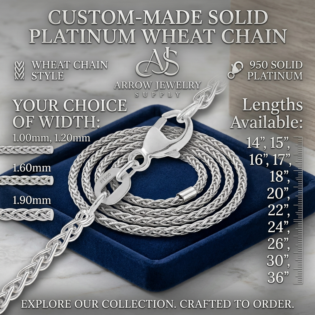 Round Wheat 950 Platinum Chain Necklace 1, 1.2, 1.6, and 1.9mm Widths