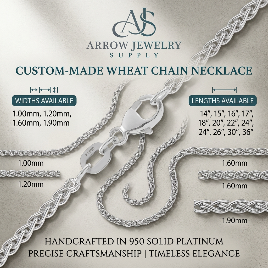 Round Wheat 950 Platinum Chain Necklace 1, 1.2, 1.6, and 1.9mm Widths