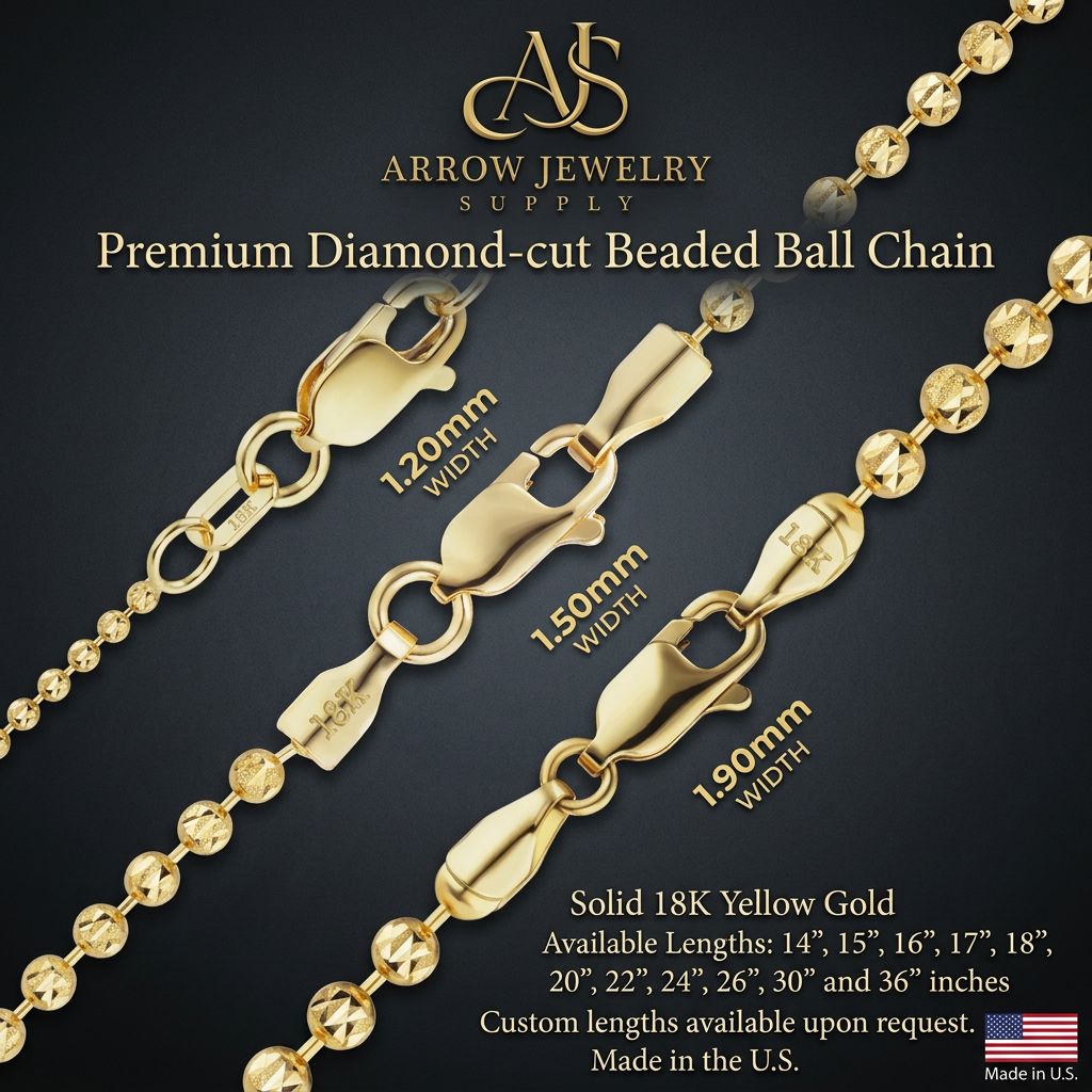 18K Yellow Solid Gold Diamond Cut Round Ball Bead Necklace Chain