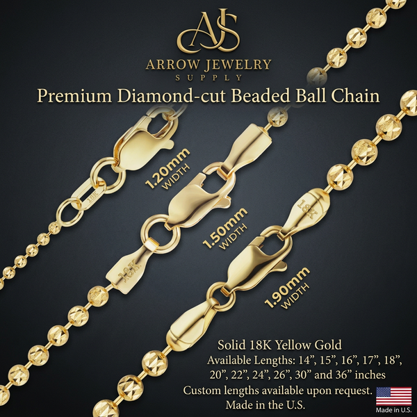 18K Yellow Solid Gold Diamond Cut Round Ball Bead Necklace Chain