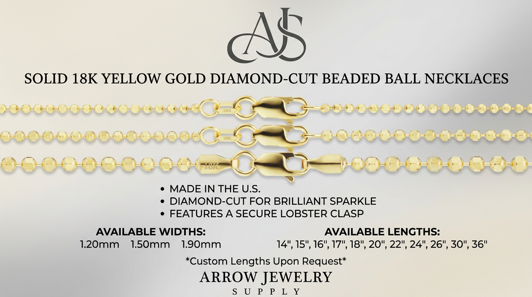 18K Yellow Solid Gold Diamond Cut Round Ball Bead Necklace Chain