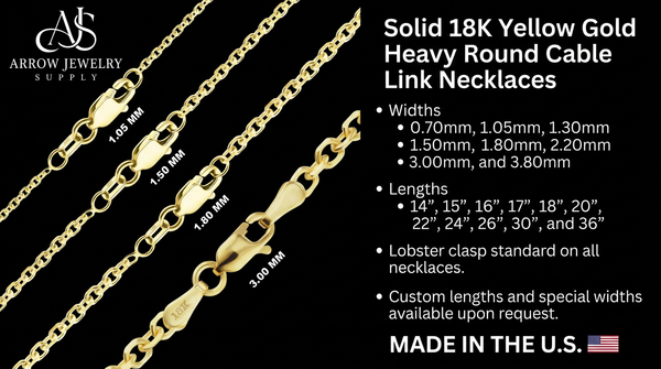 18K Yellow Solid Gold Heavy Round Cable Link Necklace Chain