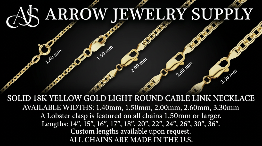 18K Yellow Solid Gold Light Round Cable Links Necklace Chain