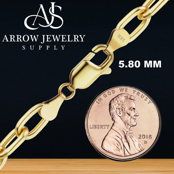 18K Yellow Solid Gold Elongated Semi-Solid Link 5.80mm Width Cable Necklace Chain