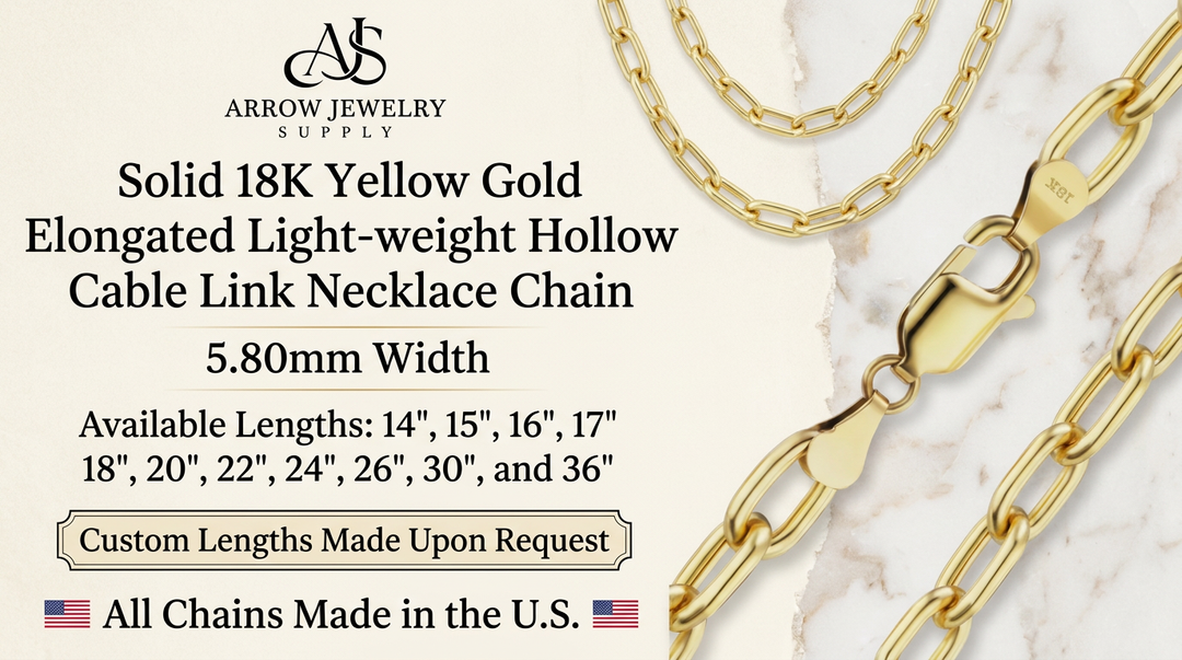 18K Yellow Solid Gold Elongated Semi-Solid Link 5.80mm Width Cable Necklace Chain