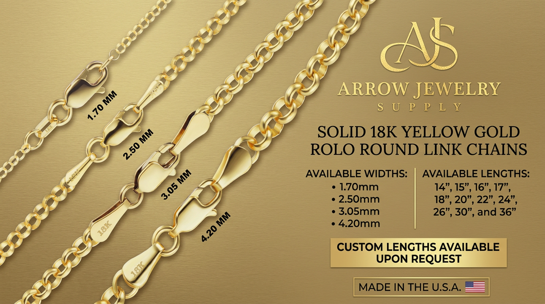 18K Yellow Solid Gold Rolo Round Links Necklace Chain