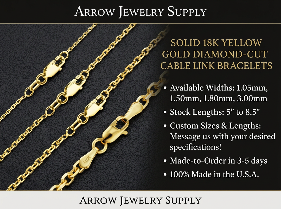 18K Yellow Solid Gold Diamond Cut Round Cable Bracelet 1.05mm, 1.5mm, 1.8mm, or 3.0mm Widths