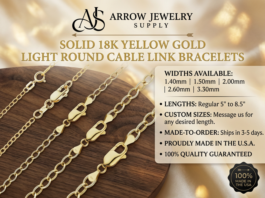 18K Yellow Solid Gold Light Round Cable Bracelets 1.4 - 3.3mm Widths
