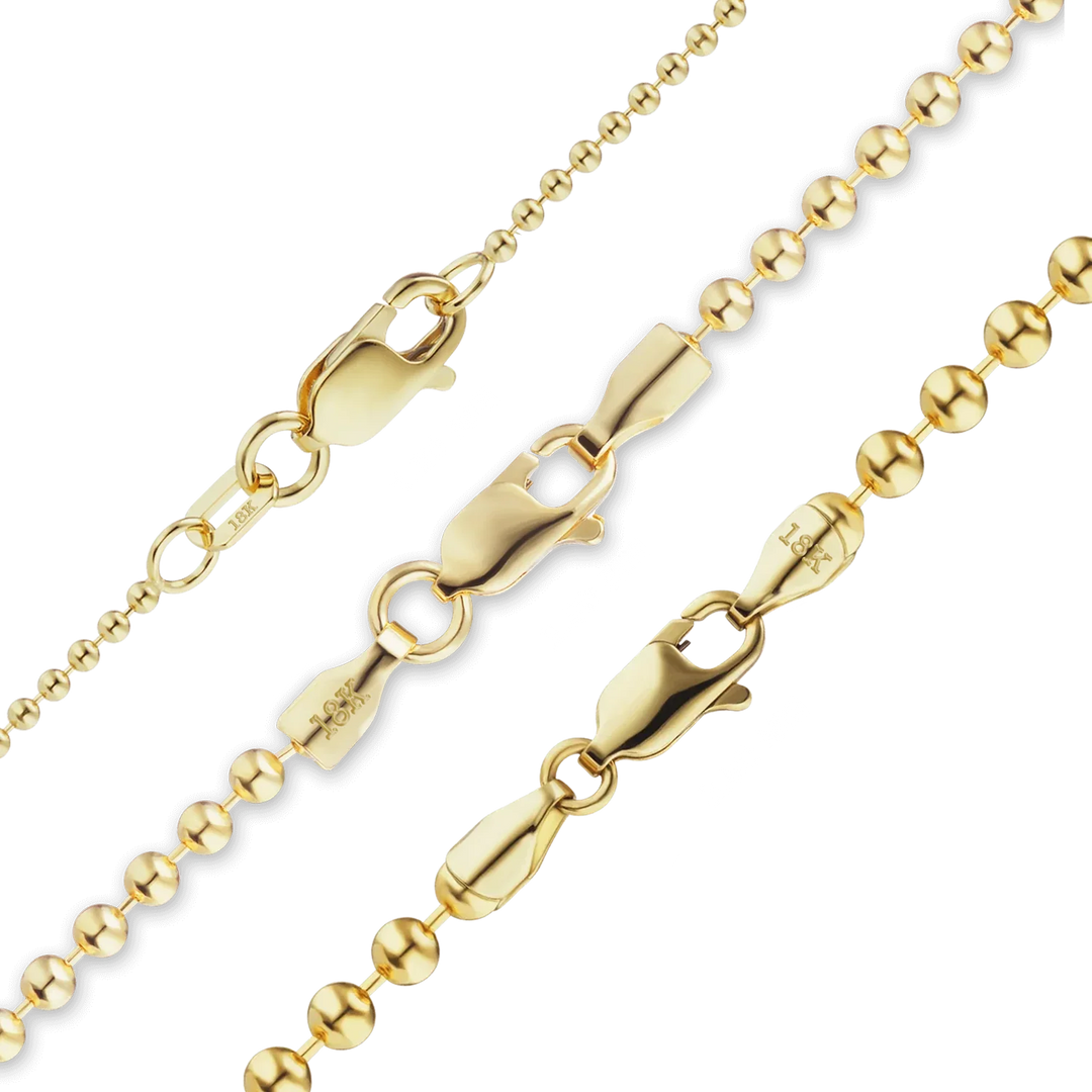 18K Yellow Solid Gold Round Bead Bracelet 1.2mm, 2.0mm, and 2.5mm Widths