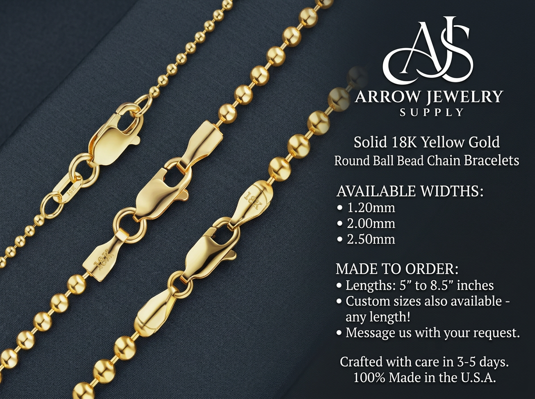 18K Yellow Solid Gold Round Bead Bracelet 1.2mm, 2.0mm, and 2.5mm Widths
