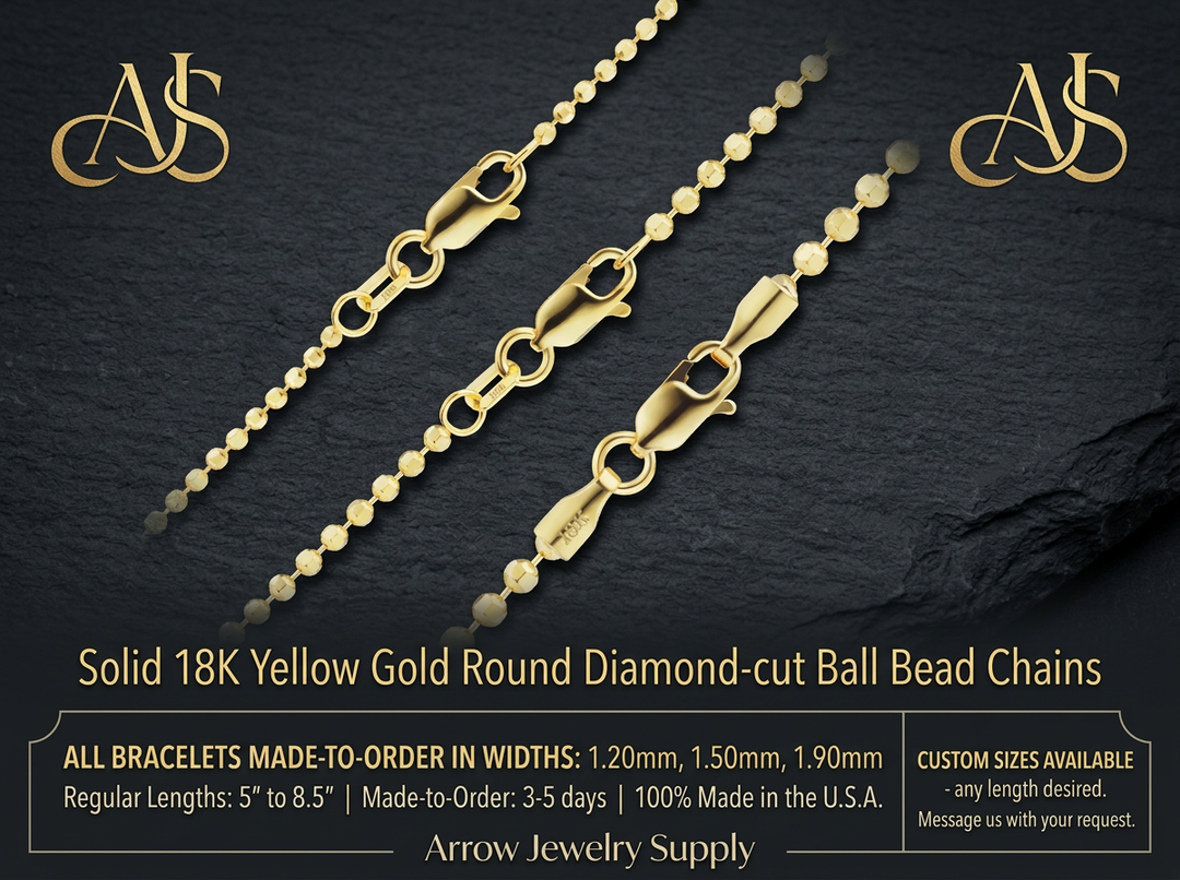 18K Yellow Solid Gold Diamond Cut Round Ball Bead Bracelet 1.2, 1.5, and 1.9mm Widths