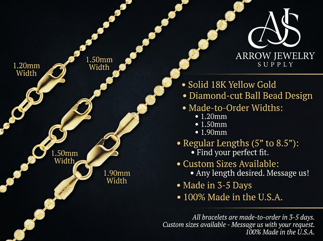 18K Yellow Solid Gold Diamond Cut Round Ball Bead Bracelet 1.2, 1.5, and 1.9mm Widths
