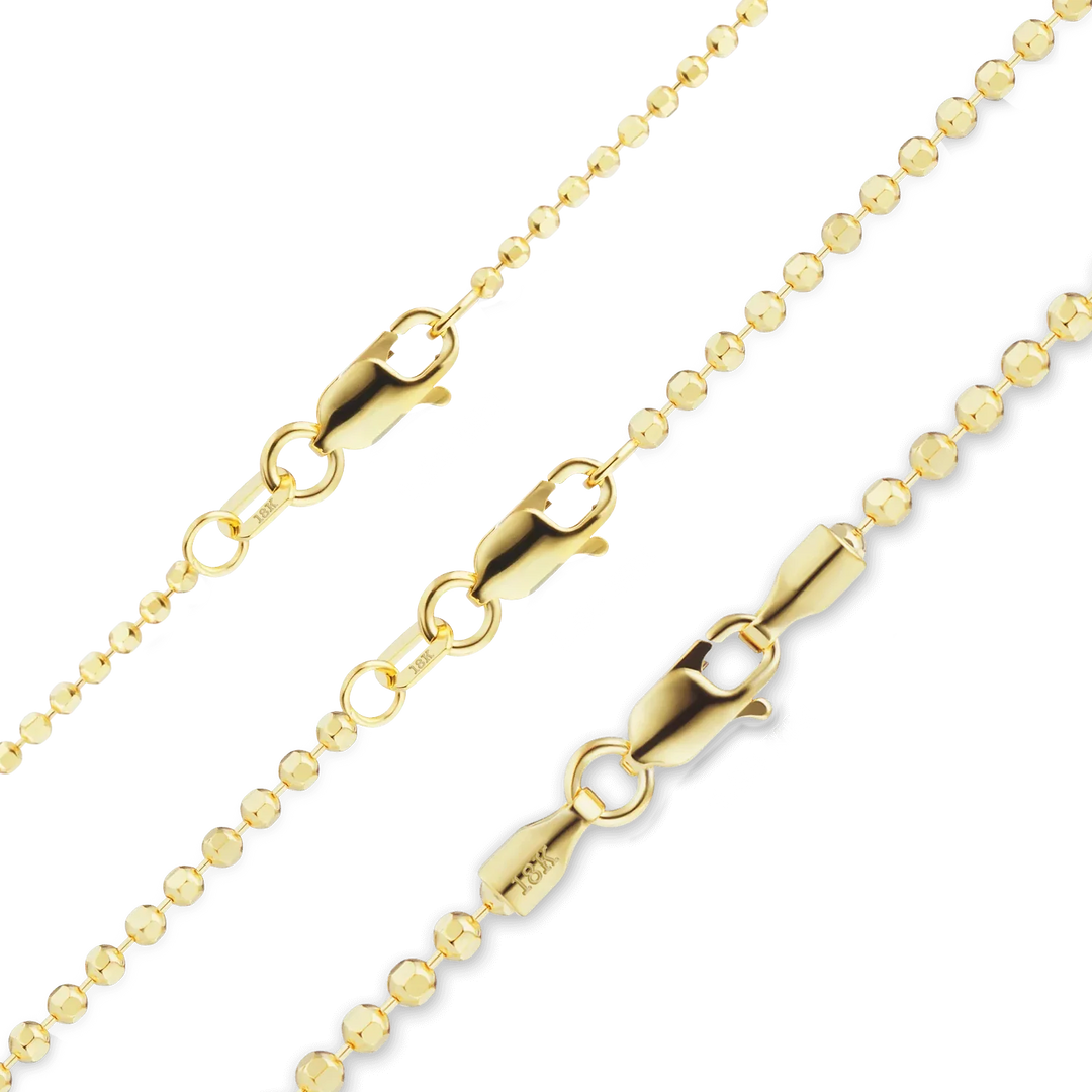 18K Yellow Solid Gold Diamond Cut Round Ball Bead Bracelet 1.2, 1.5, and 1.9mm Widths