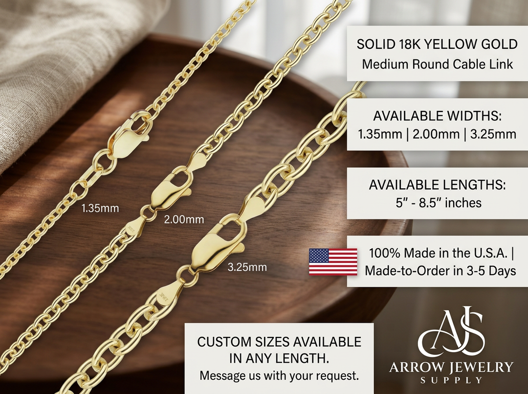 18K Yellow Solid Gold Medium Round Cable Bracelet