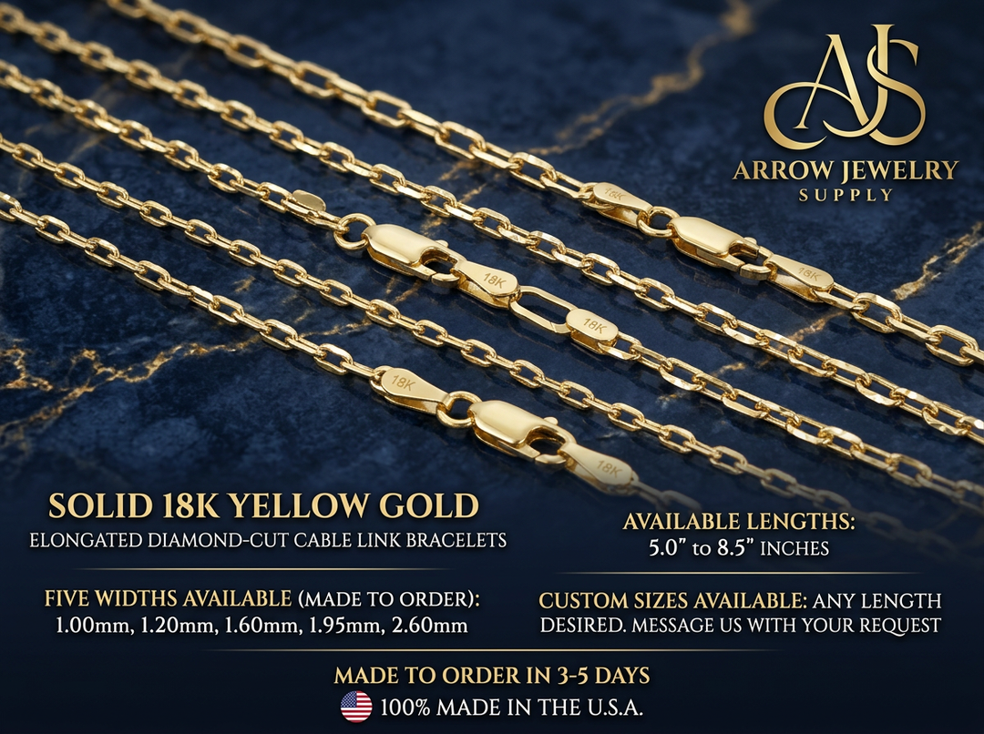 18K Yellow Solid Gold Elongated Diamond Cut Cable Bracelet