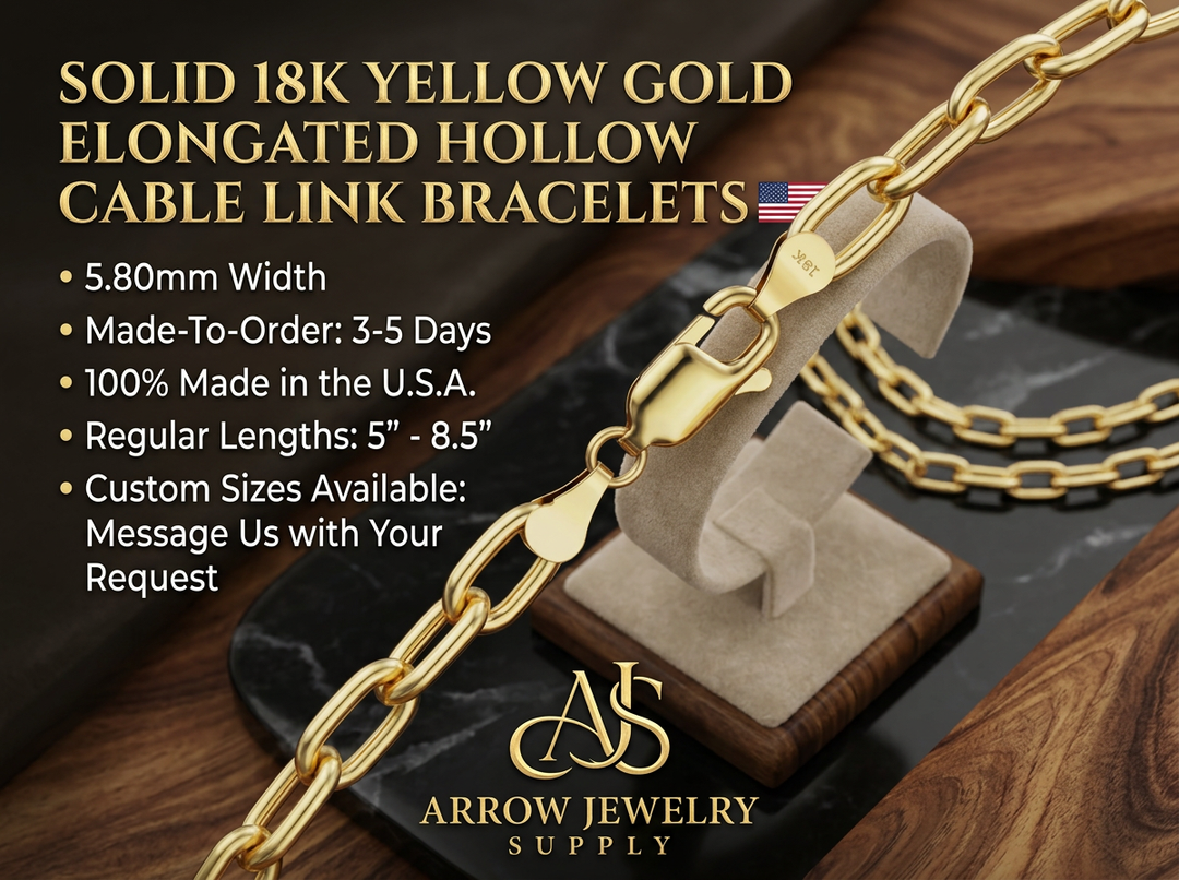 18K Yellow Solid Gold Elongated Semi-Solid Cable Bracelet Bold 5.8mm Width