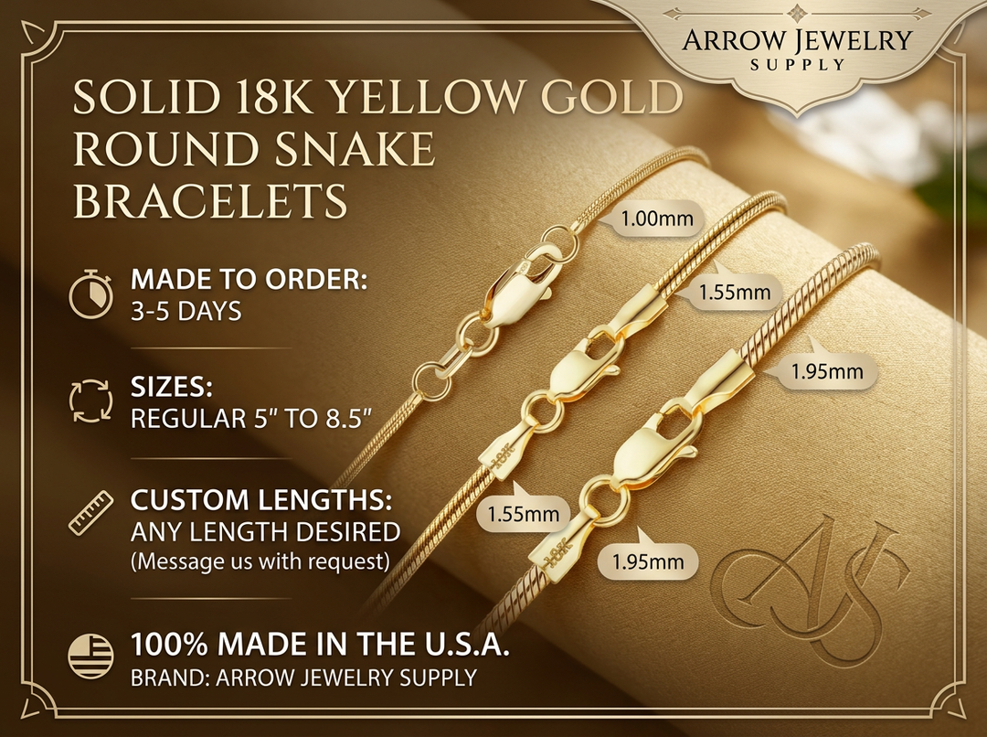 18K Solid Yellow Gold Round Snake Chain Bracelet