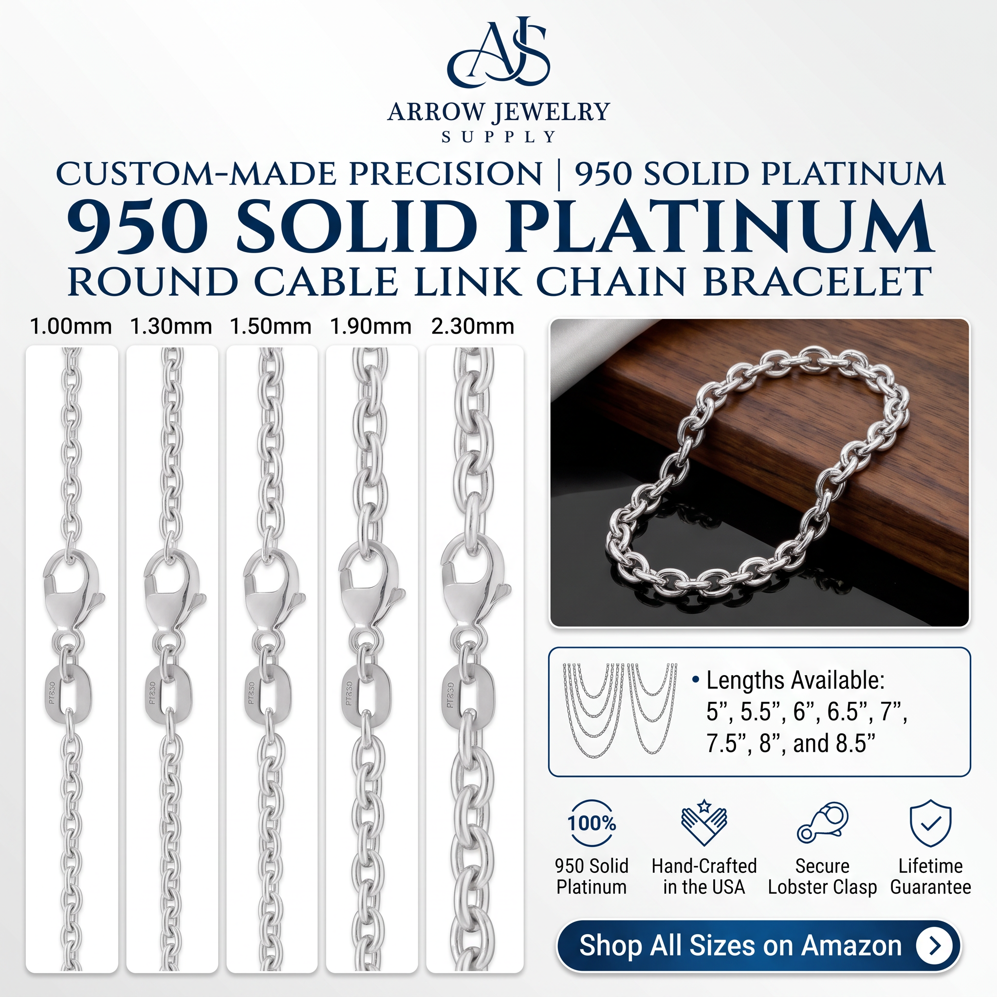 Solid 950 Platinum Round Cable Link Bracelet