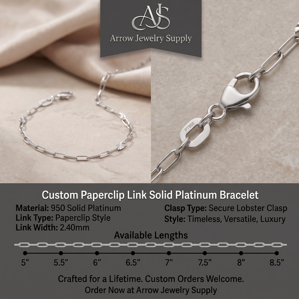 Solid Platinum Alternating Paperclip Cable Bracelet - 2.40mm Width