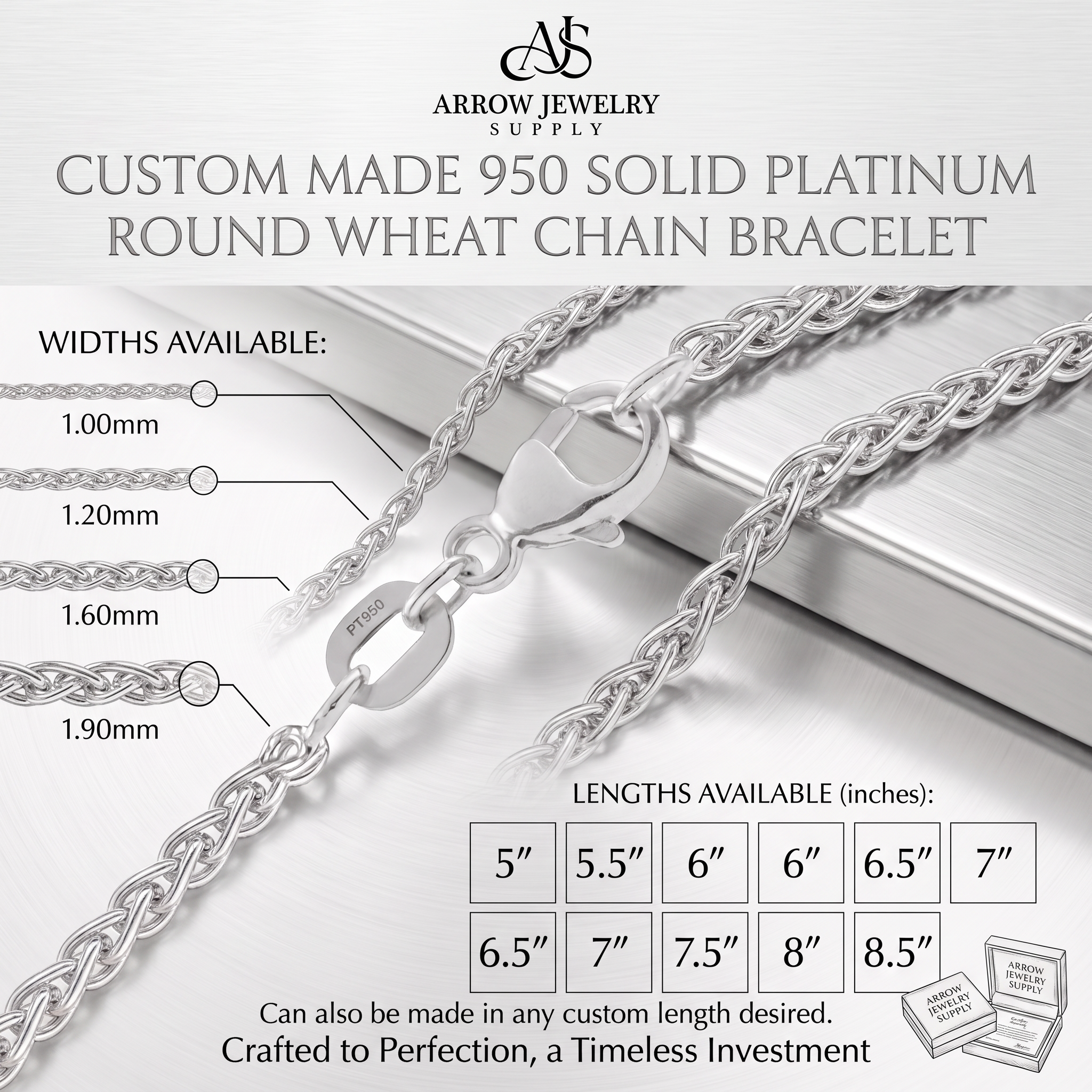 Solid 950 Platinum Round Wheat Chain Bracelet Made in any Length