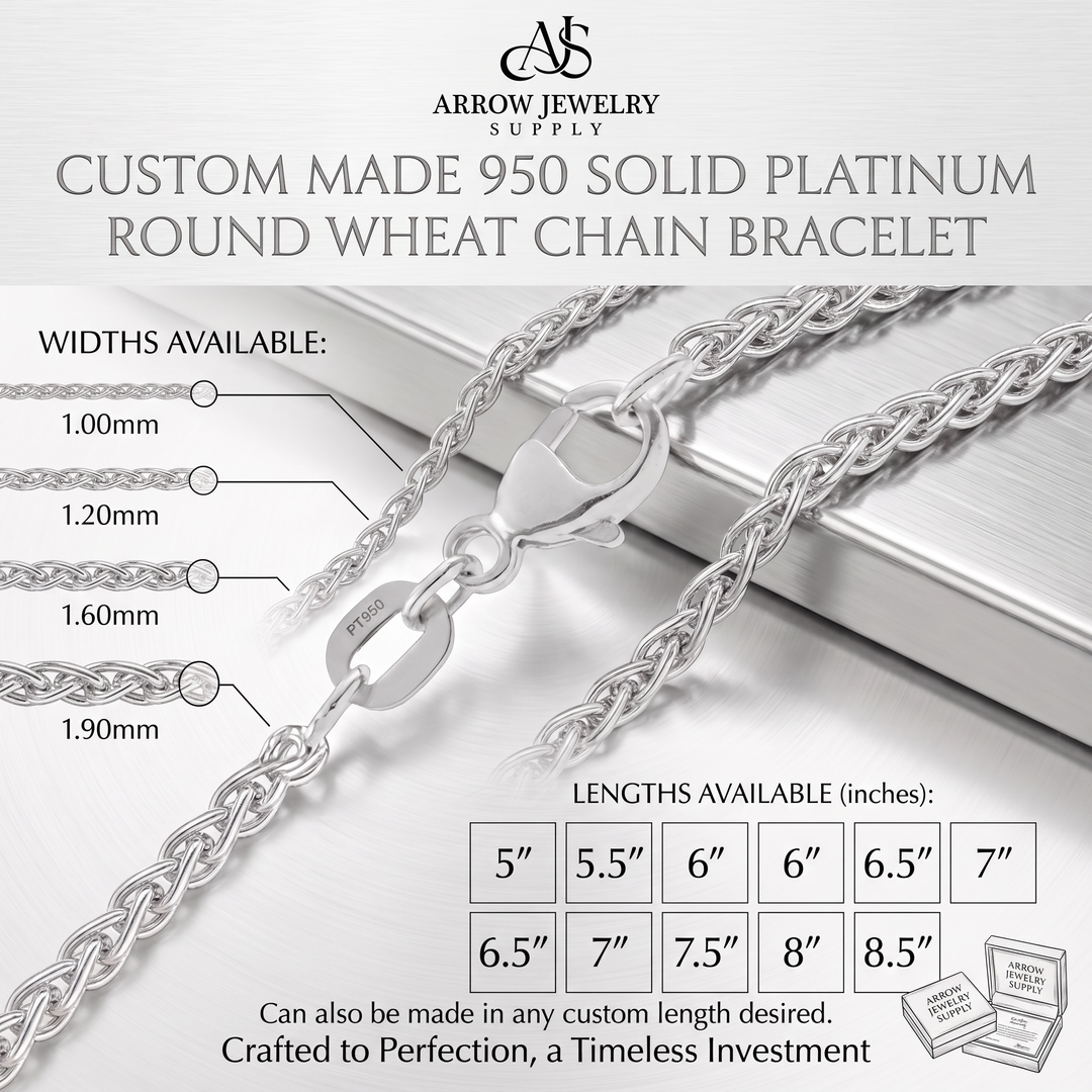 Solid 950 Platinum Round Wheat Chain Bracelet Made in any Length
