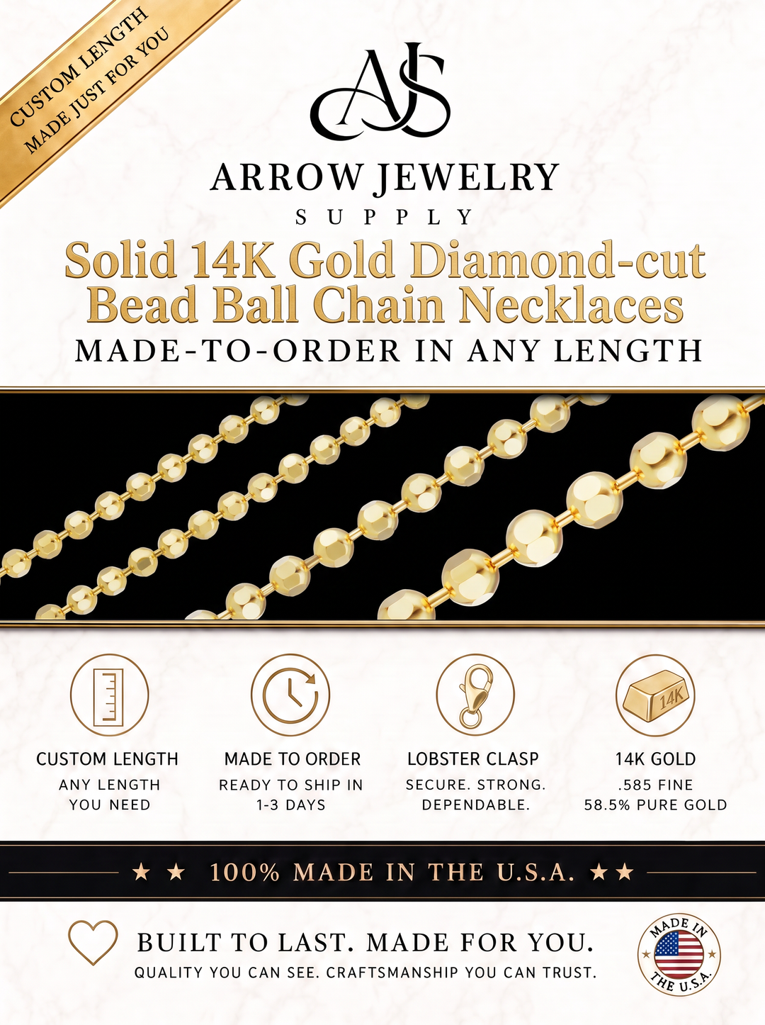 Solid 14K Yellow Gold Diamond Cut Round Ball Bead Chain Necklace Made in any Custom Length