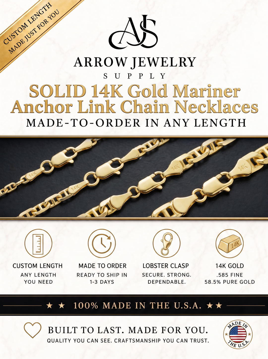 Solid 14K Yellow Gold Anchor Mariner Cable Link Chain Necklace - Custom Length