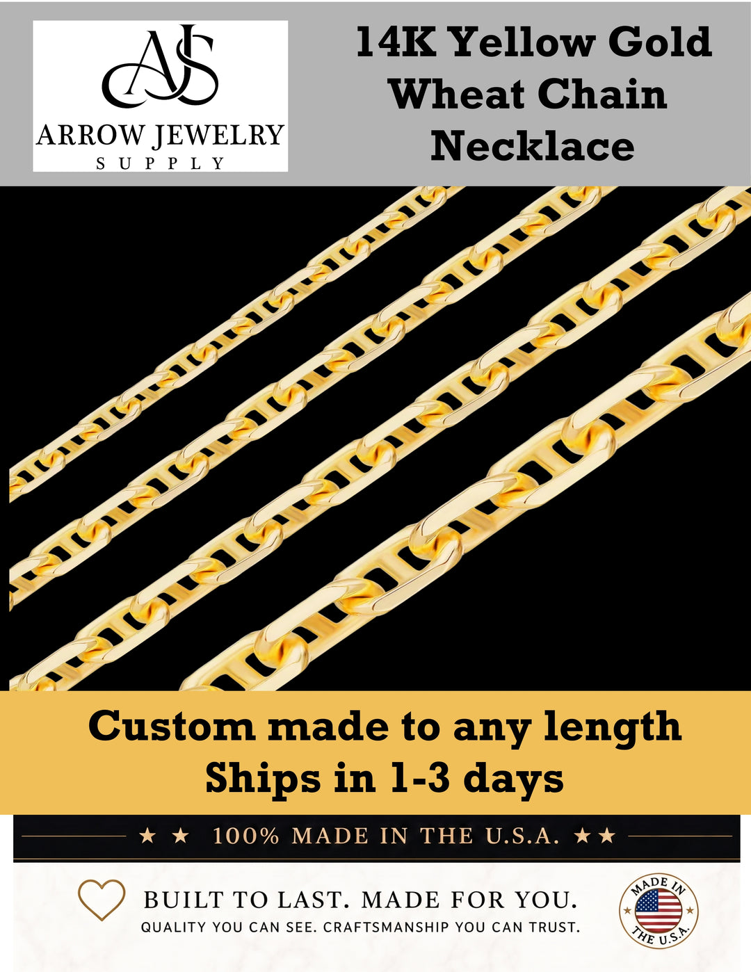 Solid 14K Yellow Gold Anchor Mariner Cable Link Chain Necklace - Custom Length