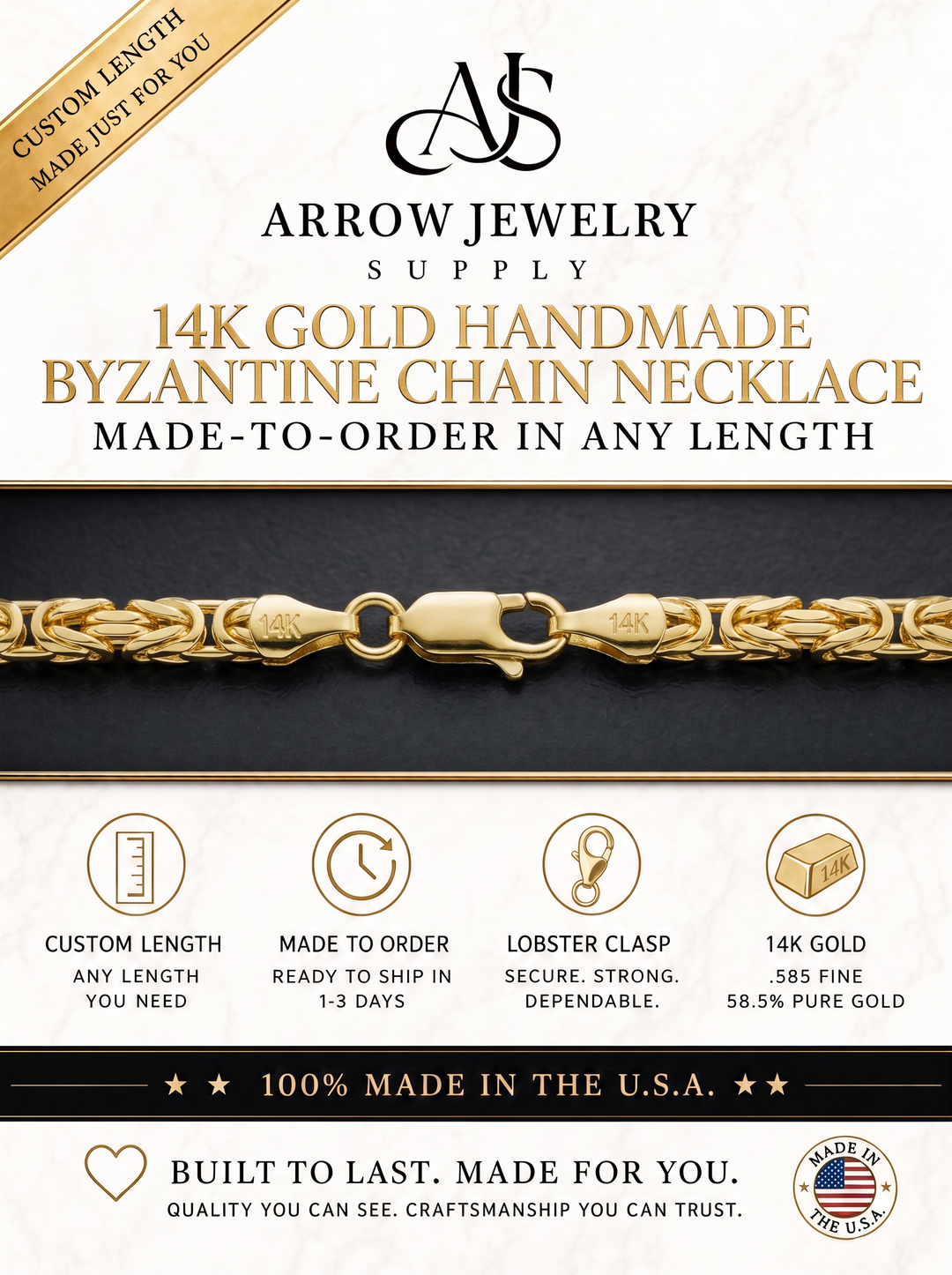 Solid 14K Yellow Gold Custom Length Handmade Byzantine Chain Necklace