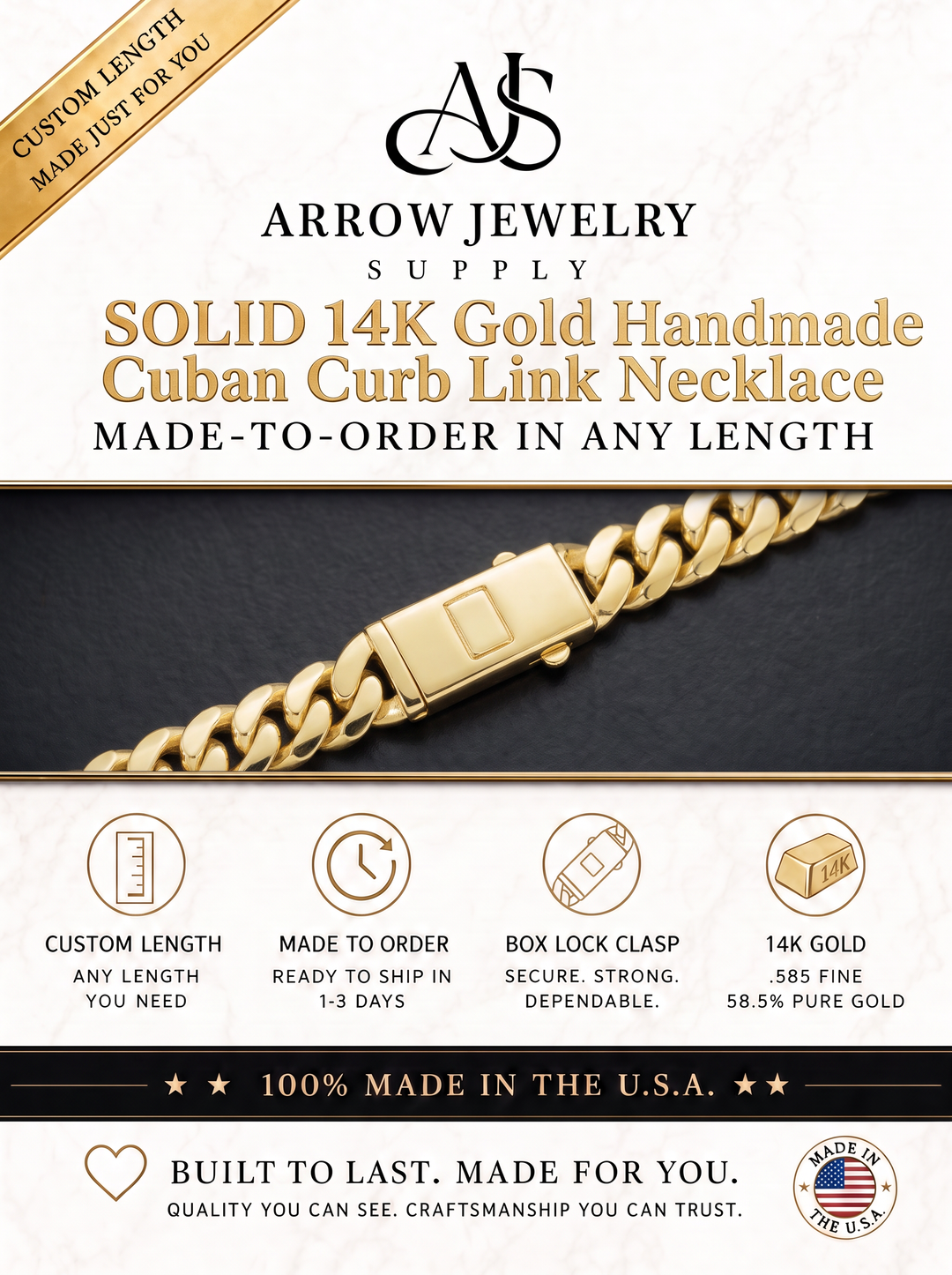 Solid 14K Yellow Gold Handmade Cuban Curb Link Custom Length Chain Necklace
