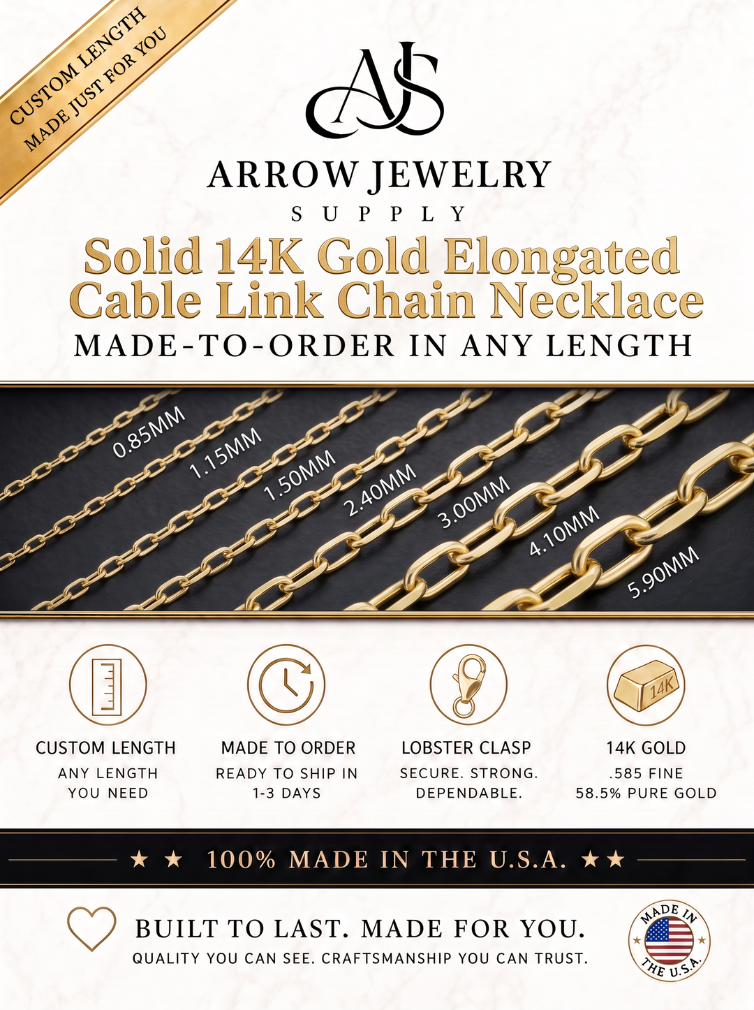 Solid 14K Yellow Gold Elongated Cable Necklace Made in any Custom Length