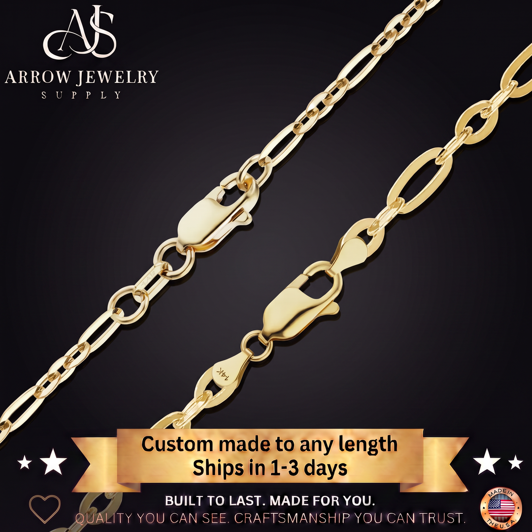 Solid 14K Yellow Gold Custom Length Diamond Cut Cable Figaro Chain Necklace