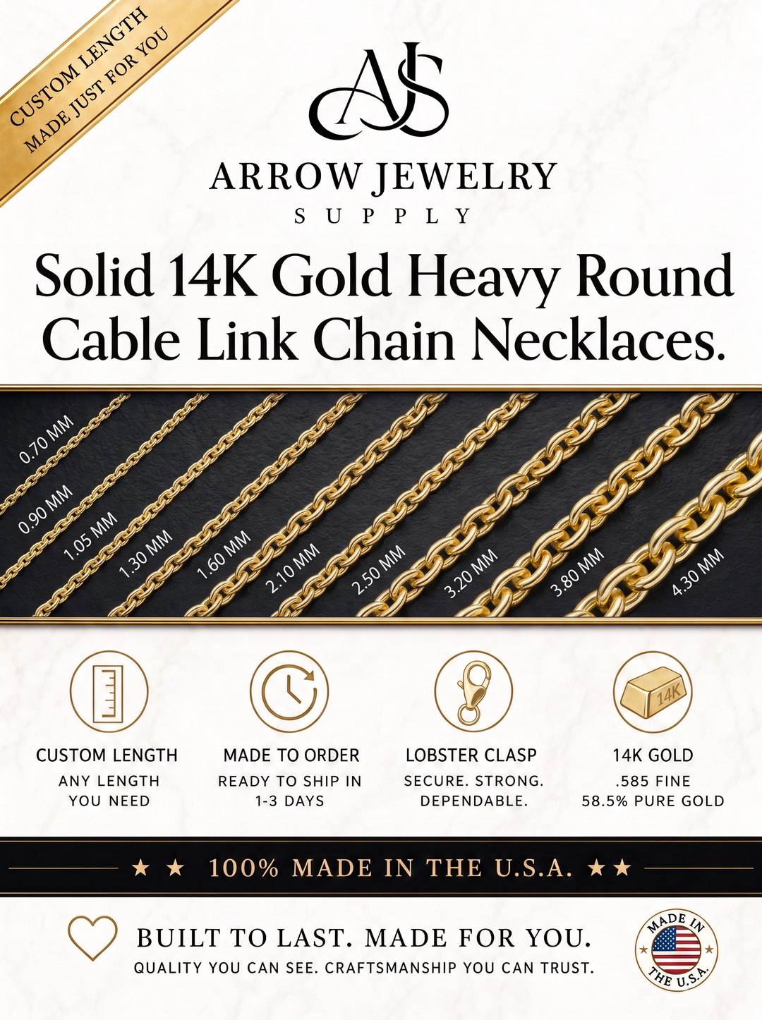 Solid 14K Yellow Gold Heavy Round Cable Link Custom Length Chain Necklace