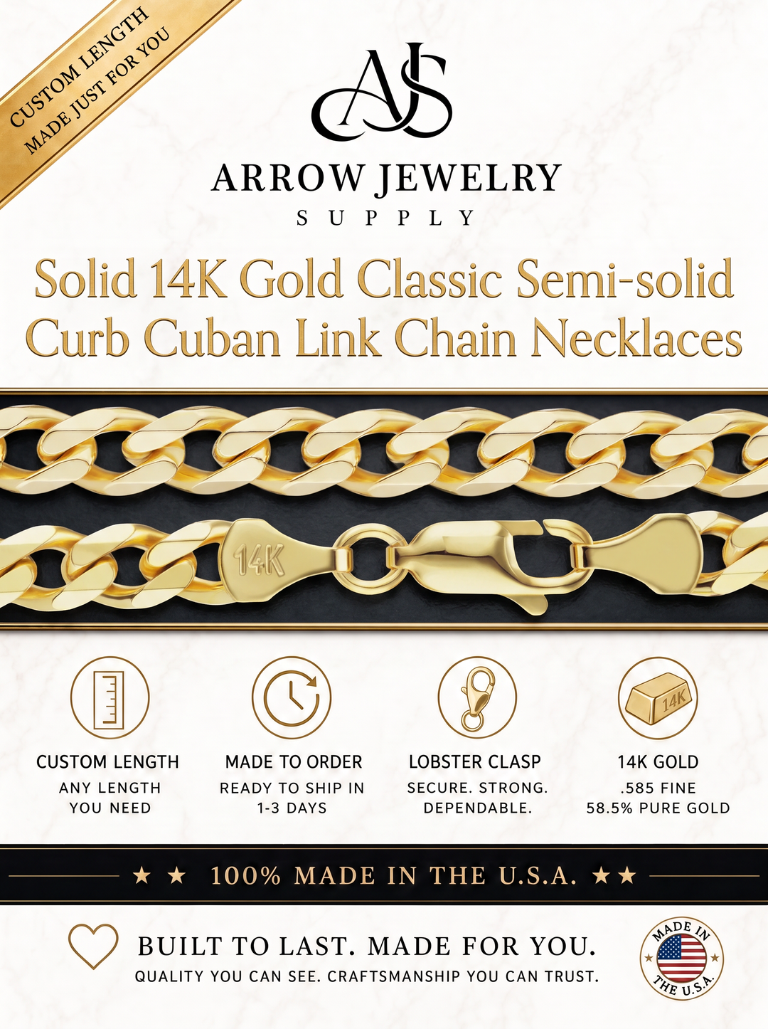 Solid 14K Yellow Gold Semi-Solid Curb Cuban Link Custom Length Chain Necklace