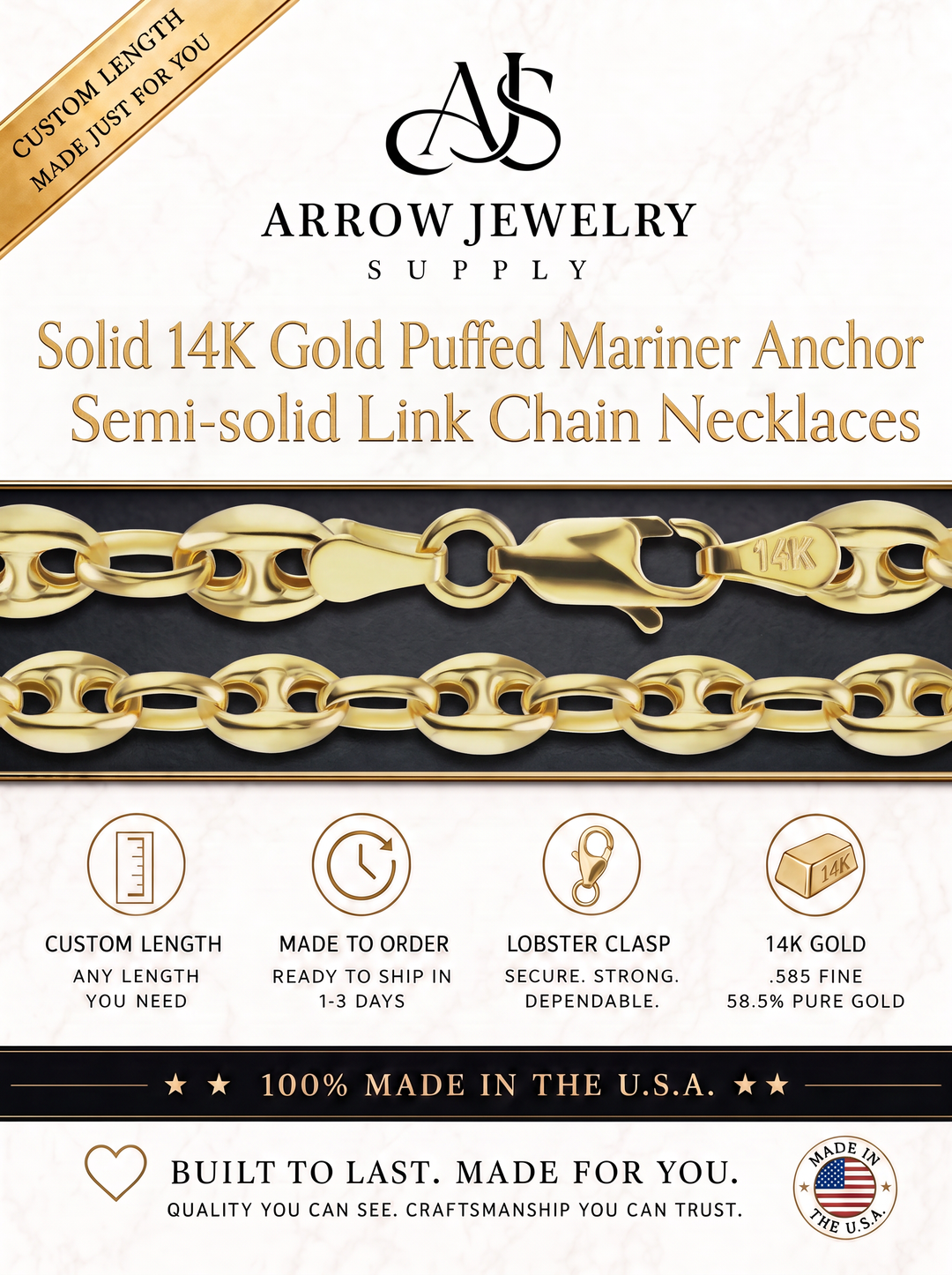 Solid 14K Yellow Gold Classic Puffed Mariner Anchor Link Necklace