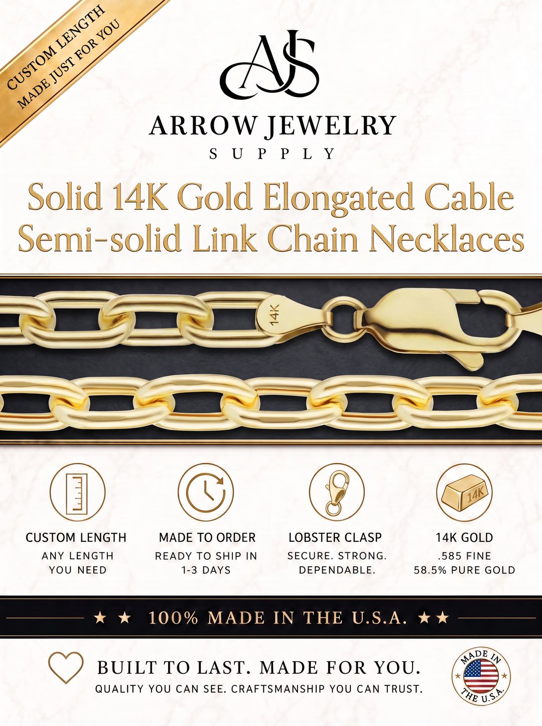 Solid 14K Yellow Gold Elongated Semi-Solid Cable Link Chain Necklace