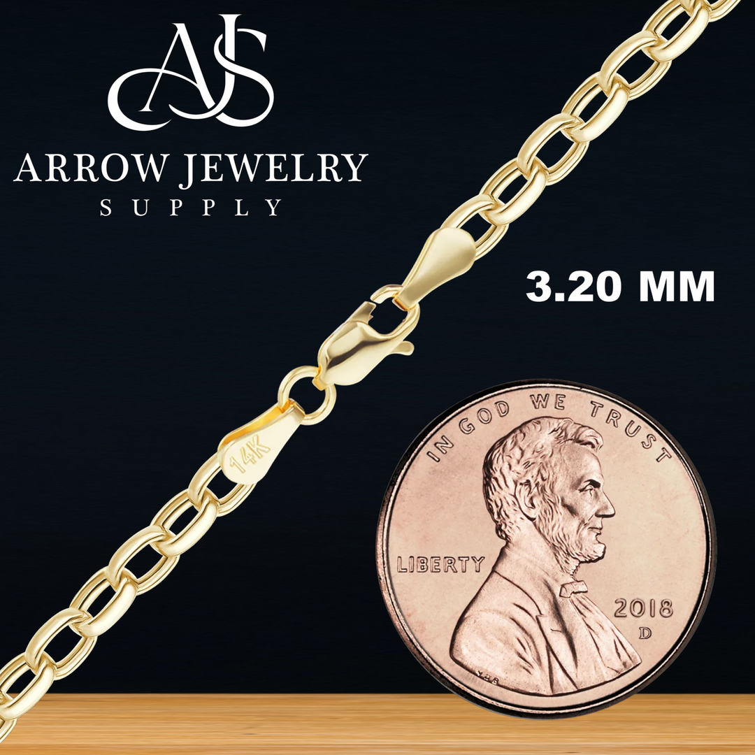 Solid 14K Yellow Gold Semi-solid Oval Rolo Link Chain Necklace - Custom Length