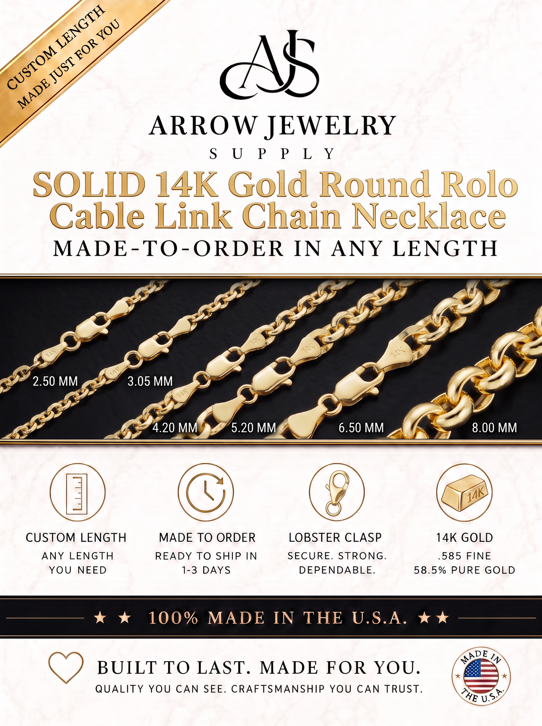 Solid 14K Yellow Gold Semi-Solid Round Rolo Link Chain Necklace - Custom Length