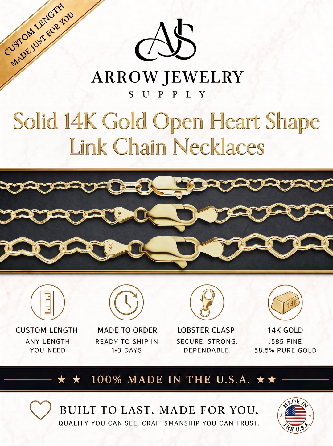 Solid 14K Yellow Gold Classic Heart Necklace Made in any Custom Length